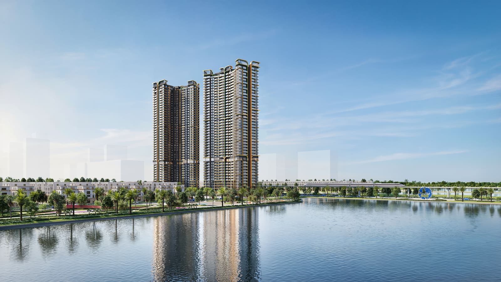 Phối cảnh LUMIÈRE Essence Peak bên hồ trung tâm Global Gate – nguồn Masterise Homes